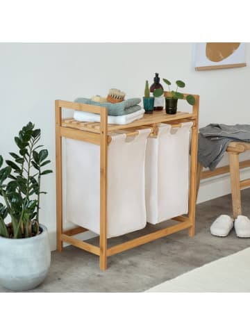 Lumaland Wäschekorb Bambus 73x64x33cm weiß 2 Wäschesäcke ausziehbar Weiß
