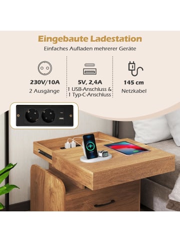 COSTWAY 2er Set Nachttisch mit 1 USB & 1Typ-C-Anschluss in Hellbraun