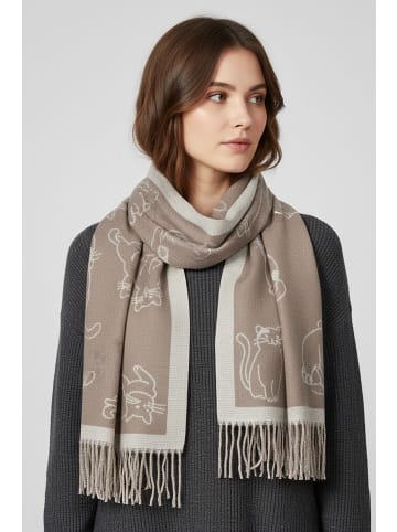 Faera Schal mit Katzenmotiv und Fransen in Beige