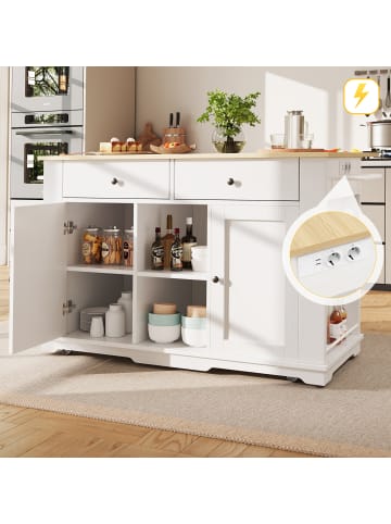 ABRIHOME Kücheninsel in Weiß mit Steckdosenleiste und Arbeitsplatte Holzmaserung