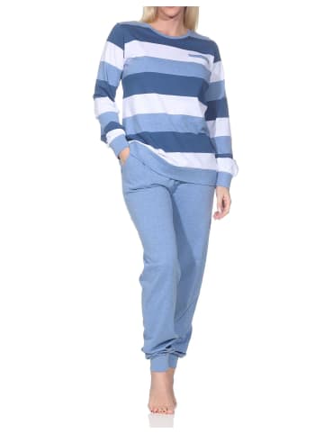 NORMANN Schlafanzug langarm Bündchen Blockstreifen in blau-mel.