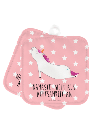 Mr. & Mrs. Panda 2er Set Topflappen  Einhorn Yoga mit Spruch in Rot Pastell