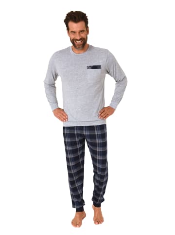 NORMANN langarm Schlafanzug Pyjama Bündchen und karierter Jersey Hose in grau