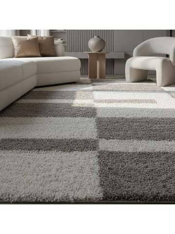 KADIMA DESIGN Teppich Hochflor Shaggy Waschbar Karo WERFEN Strapazierfähig in Beige