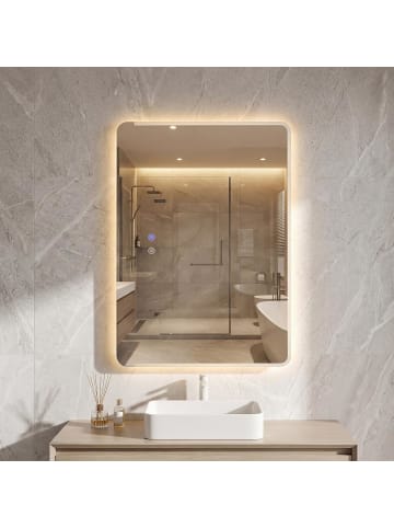 COSTWAY Badspiegel mit Beleuchtung 70 x 50 cm in Silber