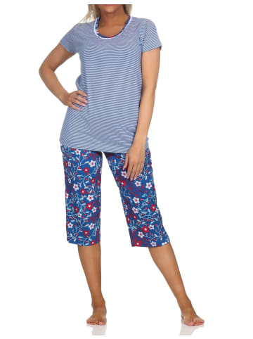 NORMANN Kurzarm Schlafanzug Capri Pyjama Streifen - 85071 in marine