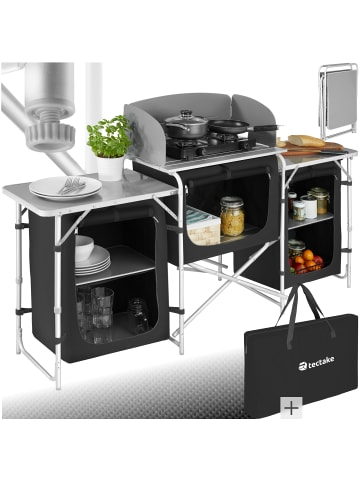 tectake Campingküche XXL mit Aluminiumgestell und 5 Fächern  172 x 52 x 104 cm, schwarz