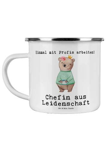 Mr. & Mrs. Panda Camping Emaille Tasse Chefin Leidenschaft mit S... in Weiß