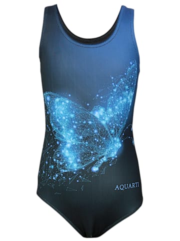 Aquarti Mädchen Badeanzug mit Ringerrücken Print in schwarz/blau
