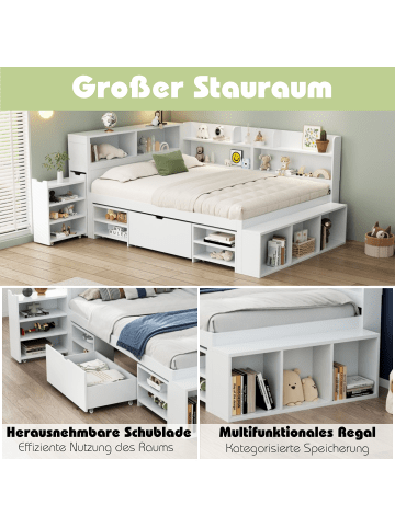 ABRIHOME Einzelbett in Weiß mit Schubladen Regal und Stauraum 90x200 cm