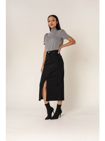 Nina Carter Langer Jeansrock mit Schlitz Stretch Denim Midi Rock in Schwarz