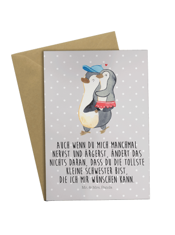 Mr. & Mrs. Panda Grußkarte Pinguin Kleine Schwester mit Spruch in Grau Pastell