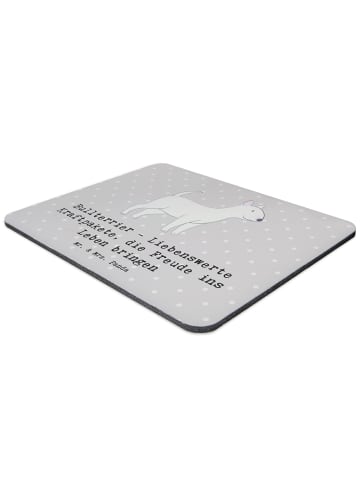 Mr. & Mrs. Panda Mauspad Bullterrier Kraftpaket mit Spruch in Grau Pastell