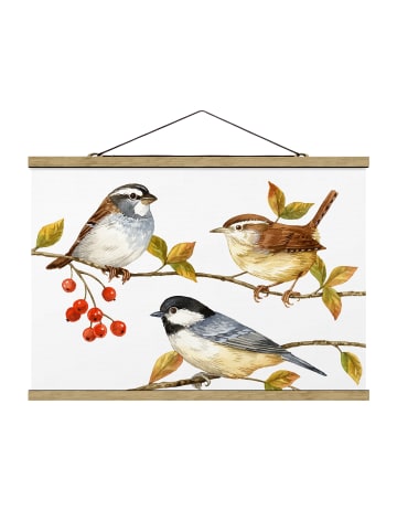 WALLART Stoffbild mit Posterleisten - Vögel und Beeren - Meisen in Weiß