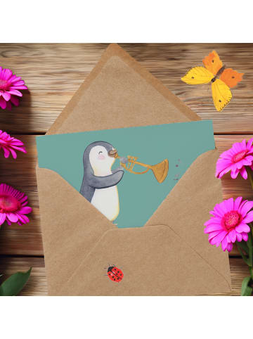 Mr. & Mrs. Panda Glückwunschkarte Trompete Freude mit Spruch in Meeresbrise