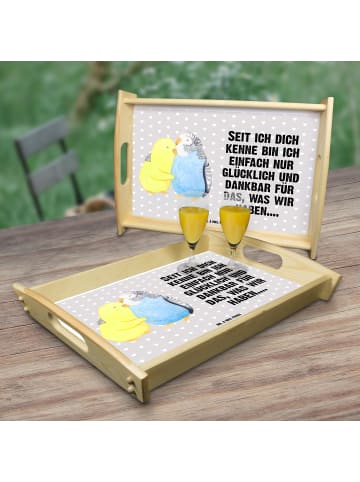 Mr. & Mrs. Panda Holztablett Wellensittich Liebe mit Spruch in Grau Pastell