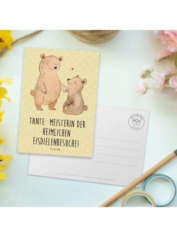Mr. & Mrs. Panda Postkarte Tante Eisdielenmeisterin mit Spruch in Gelb Pastell