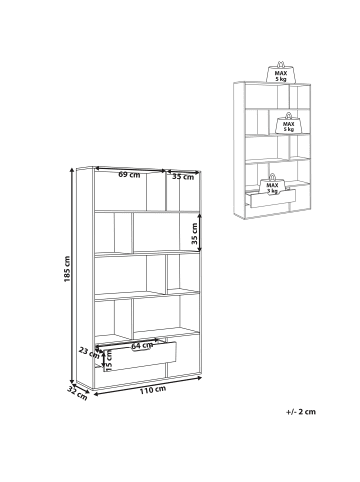 Beliani Bücherregal WADENA in Braun/Weiß - (W) 110 x (H) 185 x (L) 32 cm