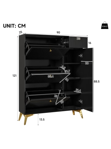 ABRIHOME Schuhschrank in Schwarz mit 3 Klappen 1 Tür 1 Schublade 90x25x121 cm