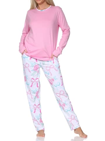 NORMANN Schlafanzug langarm Pyjama Schleifen Motiv in pink