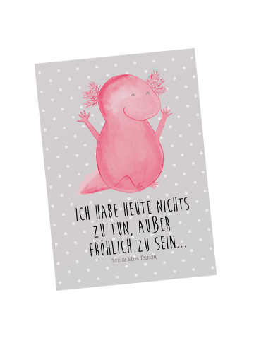 Mr. & Mrs. Panda Ansichtskarte Axolotl Hurra mit Spruch in Grau Pastell