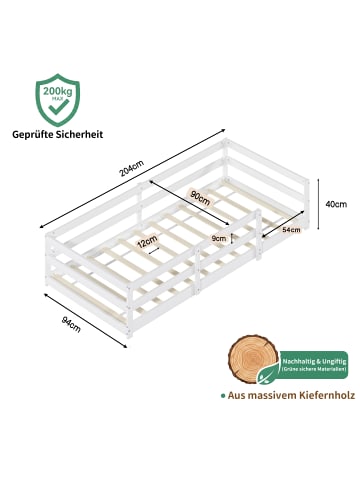 ABRIHOME Kinderbett in Weiß 90x200 cm Montessori mit Sicherheitsumrandung Kiefernholz
