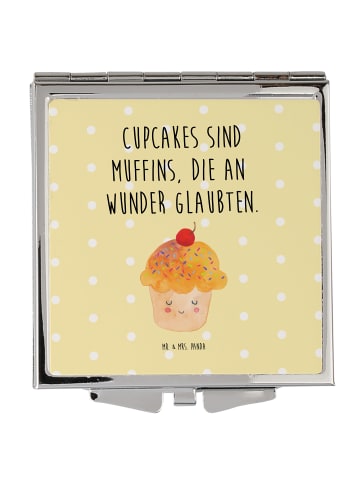 Mr. & Mrs. Panda Handtaschenspiegel quadratisch Cupcake mit Spruch in Gelb Pastell