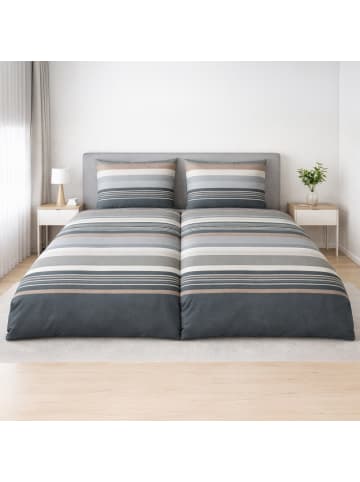 Janine Premium Flanell Bettwäsche Davos - Streifenmuster in grau, braun in grau