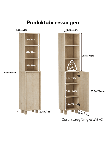 ABRIHOME Badezimmerschrank in Eiche 162,5 cm mit Türen und Regalen