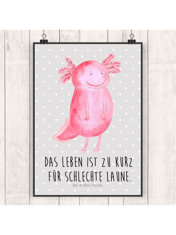 Mr. & Mrs. Panda Bild Axolotl Glücklich mit Spruch in Grau Pastell