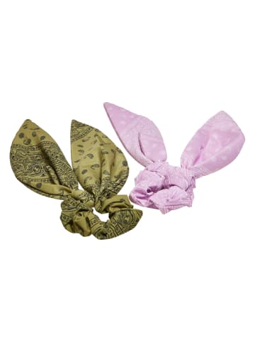 Urban Classics Urban Classics Unisex Bandana Print Scrunchies With XXL Bow 2-Pack in khaki/lightlilac
