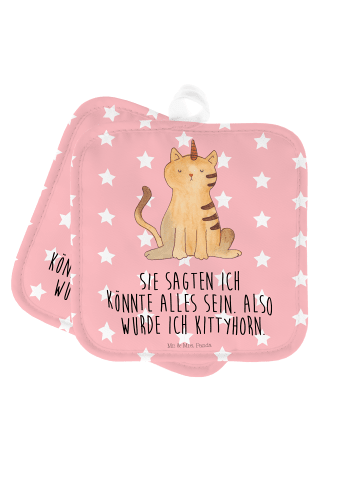 Mr. & Mrs. Panda 2er Set Topflappen  Einhorn Katze mit Spruch in Rot Pastell