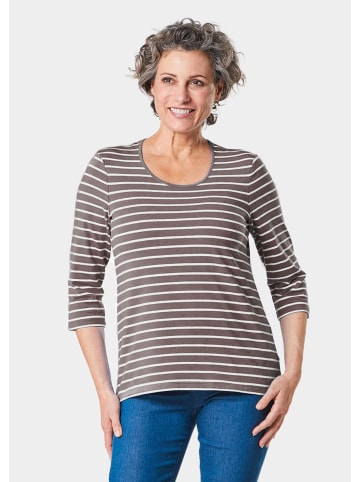 GOLDNER Kurzgröße:  Jerseyshirt mit Rundhals in taupe / weiß / geringelt