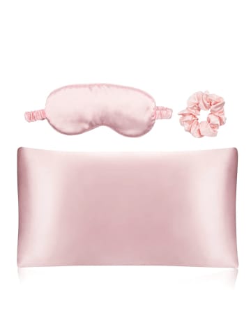 Intirilife Seiden Schlafset 3 tlg. Schlafmaske, Kissenüberzug , Haarband in Satin in Rosa