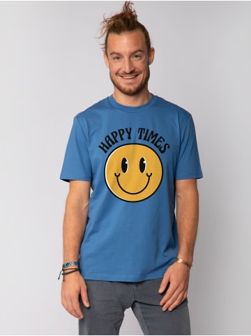 wat? Apparel T-Shirt Happy times smiley emoji in Bright Blue