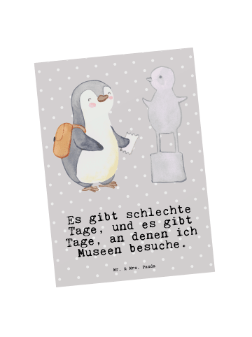 Mr. & Mrs. Panda Postkarte Pinguin Museum besuchen mit Spruch in Grau Pastell