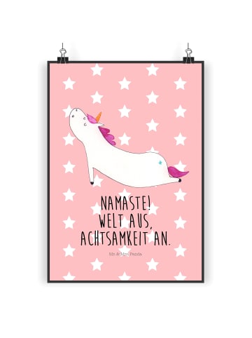 Mr. & Mrs. Panda Poster Einhorn Yoga mit Spruch in Rot Pastell