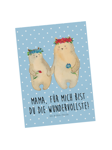 Mr. & Mrs. Panda Postkarte Bären mit Blumenkranz mit Spruch in Blau Pastell