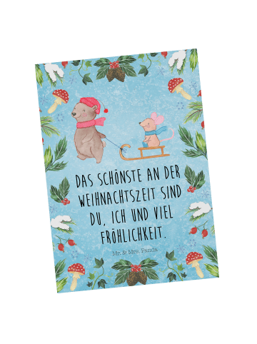 Mr. & Mrs. Panda Postkarte Bär und Maus Schlitten mit Spruch in Eisblau