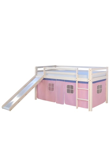 Homestyle4u Hochbett 90x200 mit Vorhang und Rutsche in Weiß