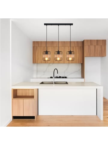 ZMH Pendelleuchte 3-flammige E27 in Schwarz Rattan rechteckig Vintage