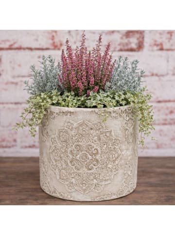 AltoBelli Blumentopf MARONI Beige mit Ornament RUND Zement 13x13 cm
