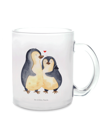 Mr. & Mrs. Panda Teetasse aus Glas Pinguin umarmen ohne Spruch in Transparent