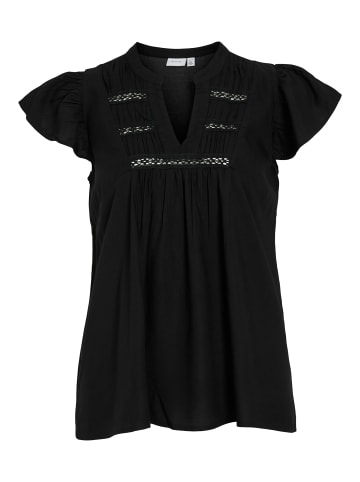 Vila Kurzarm-Bluse mit V-Ausschnitt und Lochstickerei in Schwarz