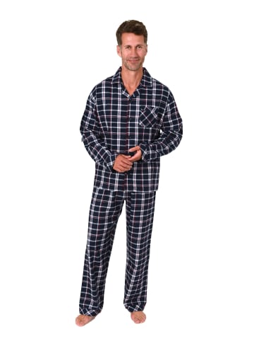 NORMANN Lange Flanell Schlafanzug Pyjama kariert - 88130 in marine/rot