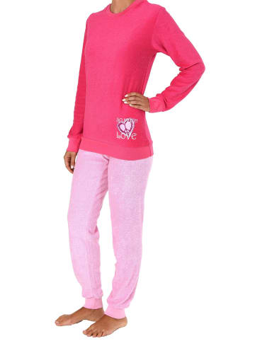 NORMANN Frottee Pyjama langarm Schlafanzug Bündchen und Herz - 50243 in pink