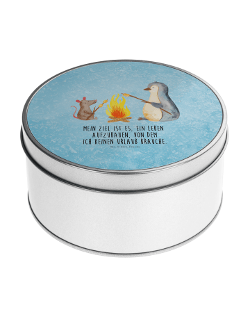Mr. & Mrs. Panda Blechdose rund Pinguin Lagerfeuer mit Spruch in Eisblau