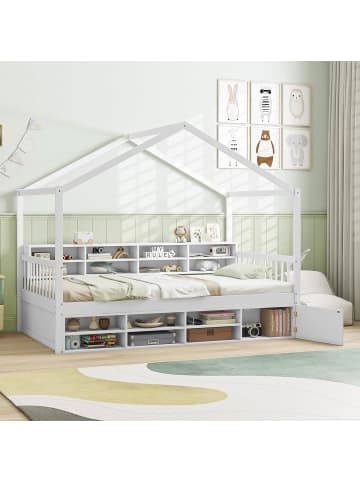 COSTWAY Kinderbett 90x200cm mit Dach & 14 Fächern in Weiß