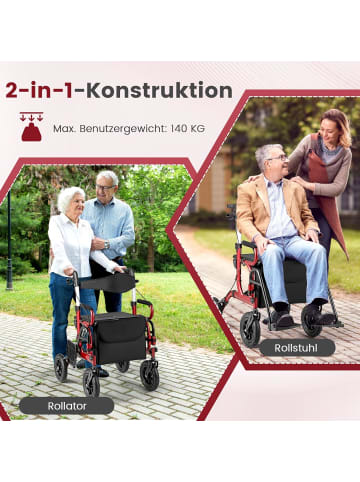 COSTWAY Rollator mit Luftbereifung faltbar bis 140 kg in Rot