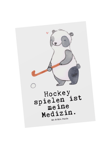 Mr. & Mrs. Panda Postkarte Panda Hockey spielen mit Spruch in Weiß